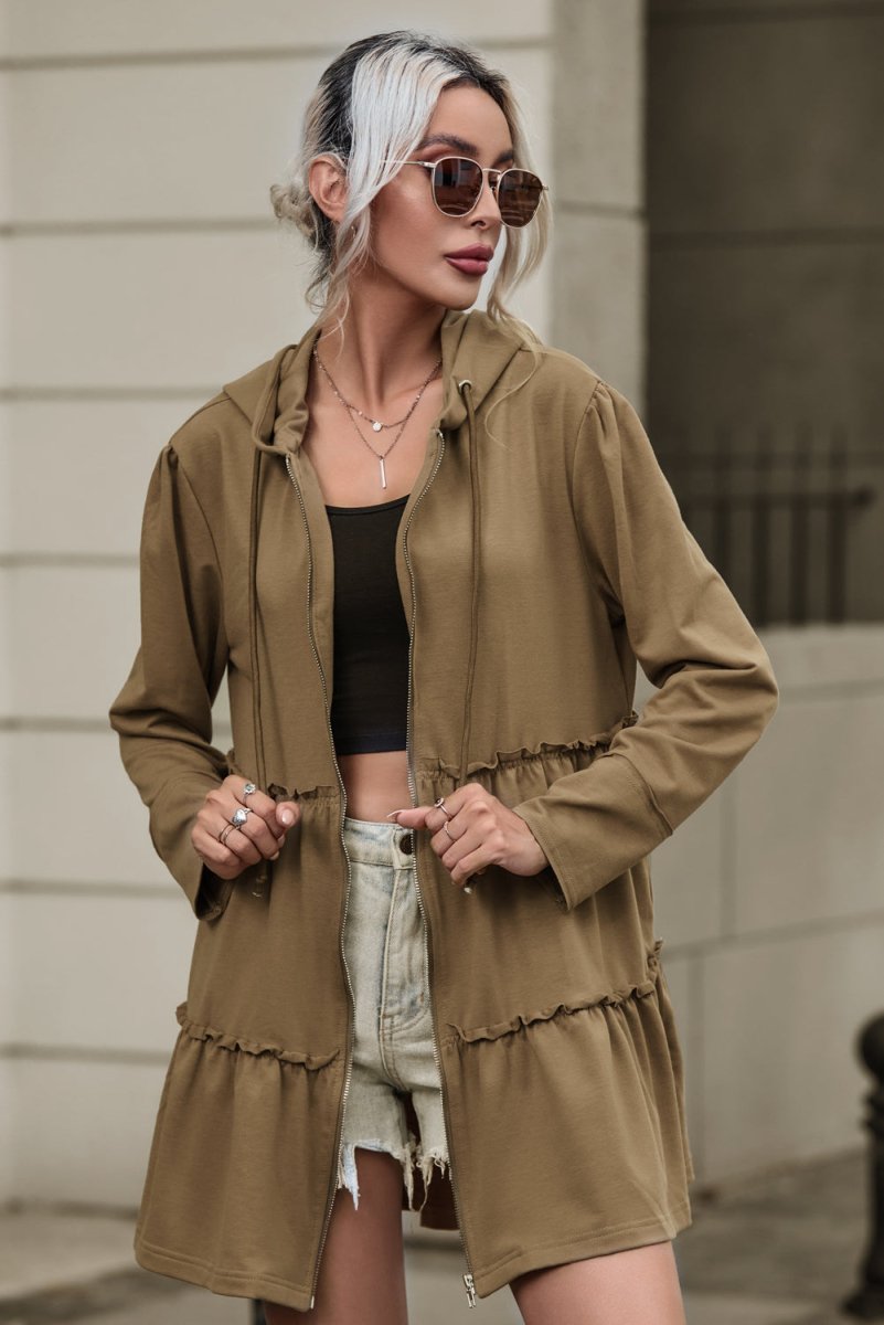 Zip Up Frill Drawstring Hooded Jacket - Outerwear