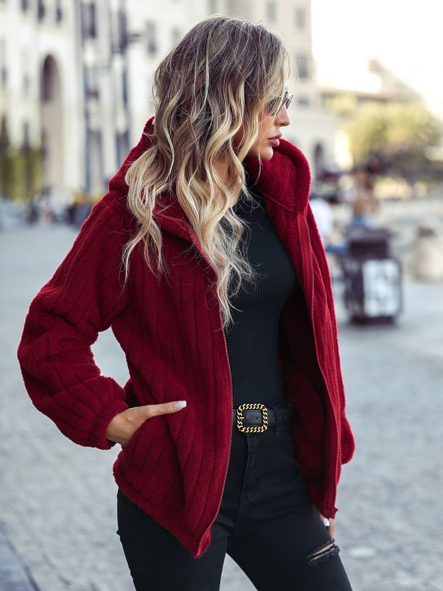 Zip - Up Hooded Jacket with Pockets - Outerwear