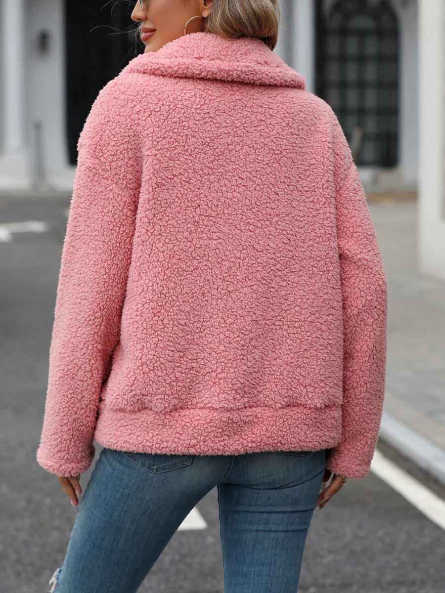 Zip Up Long Sleeve Plush Jacket - Outerwear