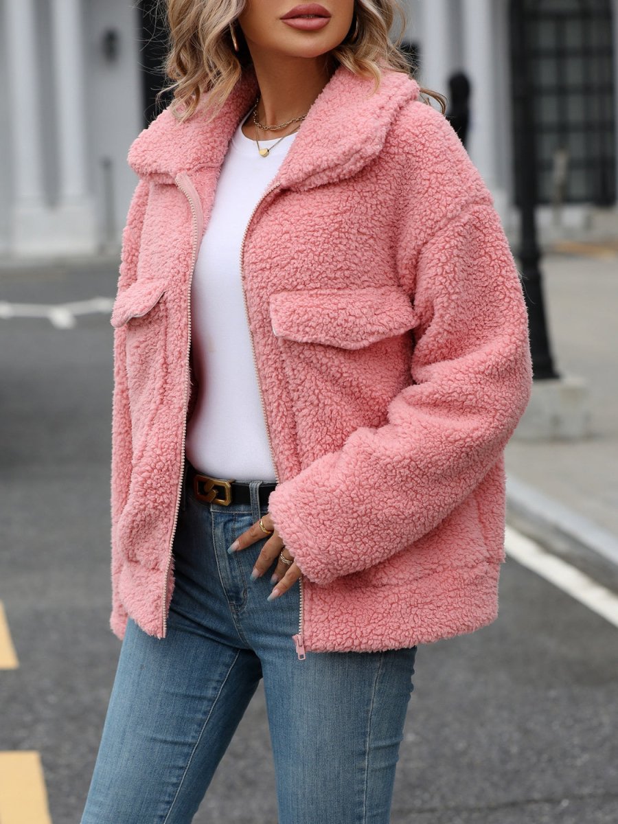 Zip Up Long Sleeve Plush Jacket - Outerwear