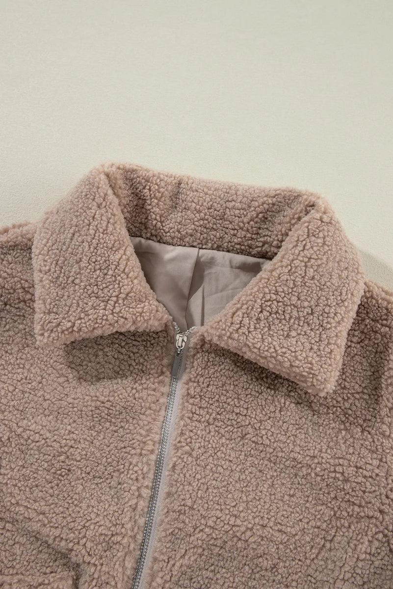 Zip Up Long Sleeve Plush Jacket - Outerwear