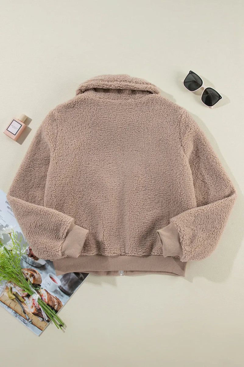 Zip Up Long Sleeve Plush Jacket - Outerwear