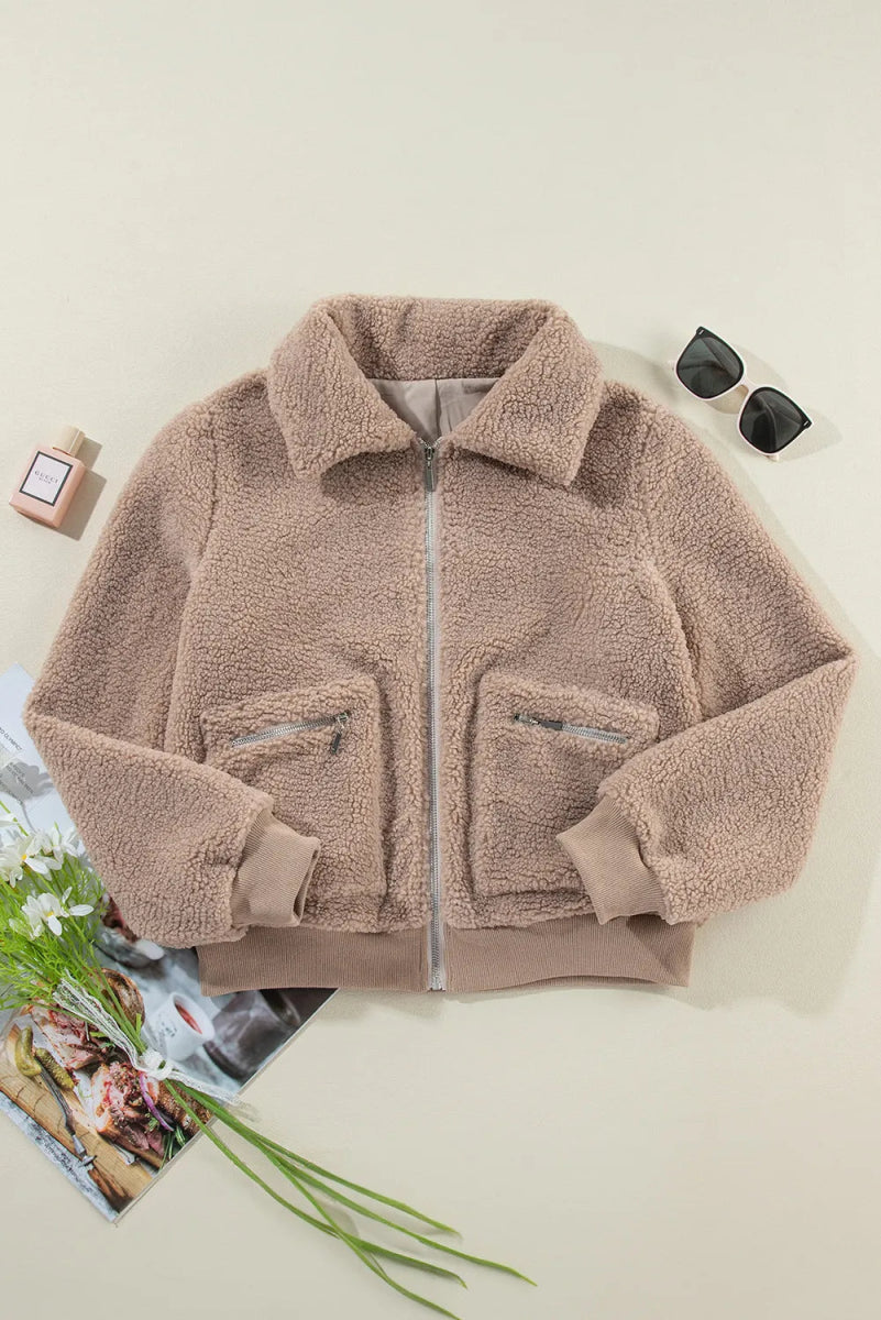 Zip Up Long Sleeve Plush Jacket - Outerwear