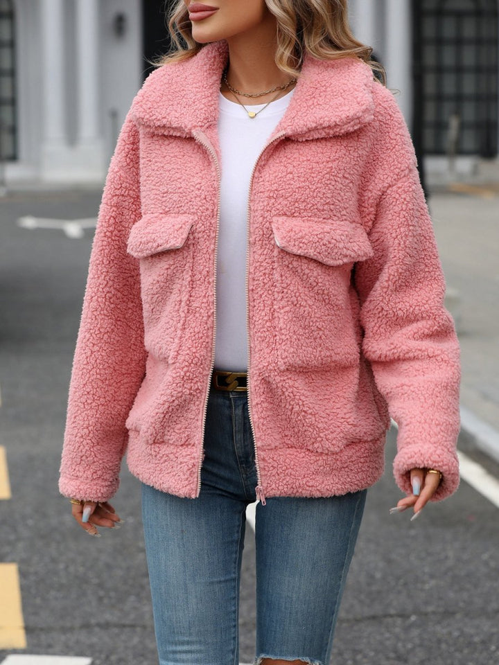 Zip Up Long Sleeve Plush Jacket - Outerwear