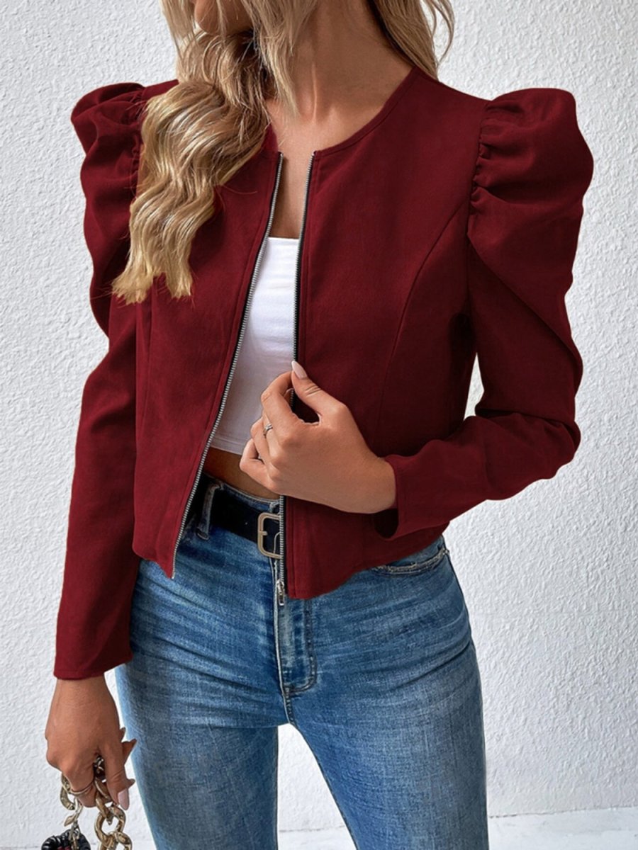 Zip Up Puff Sleeve Jacket - Outerwear