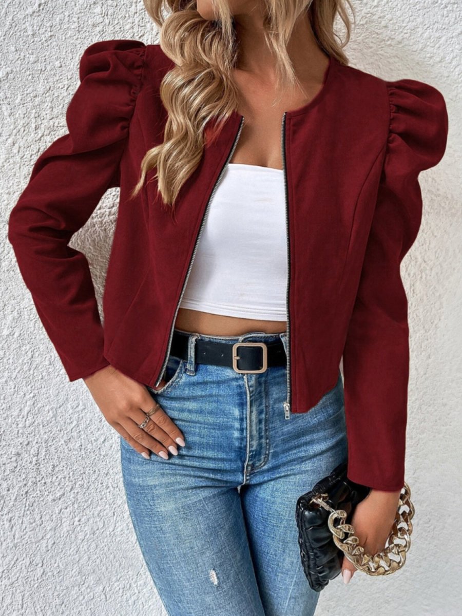 Zip Up Puff Sleeve Jacket - Outerwear