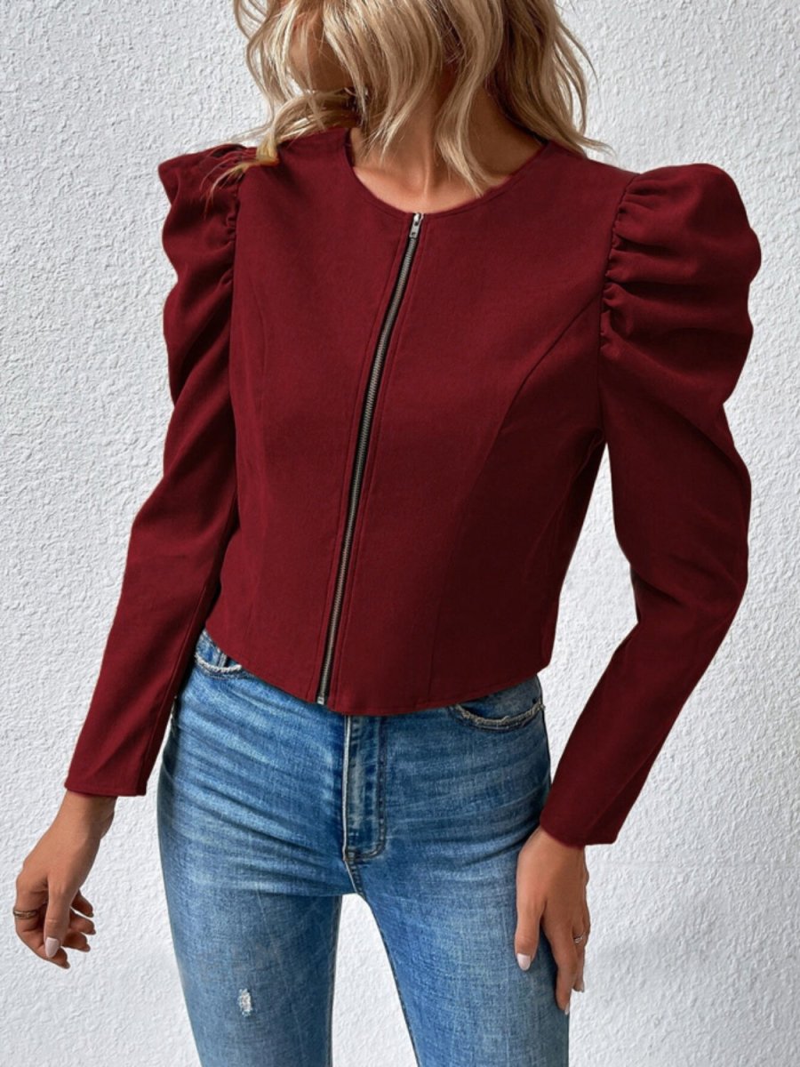 Zip Up Puff Sleeve Jacket - Outerwear