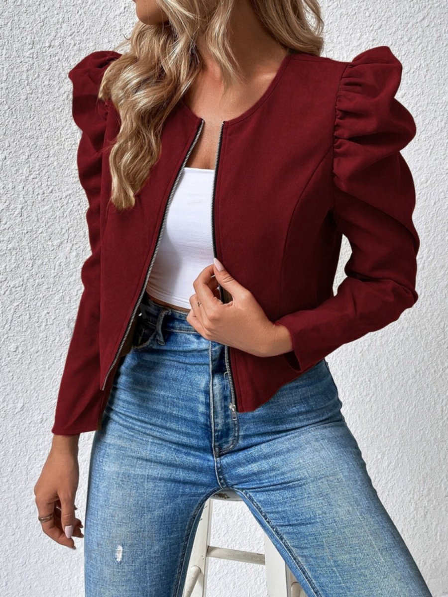 Zip Up Puff Sleeve Jacket - Outerwear