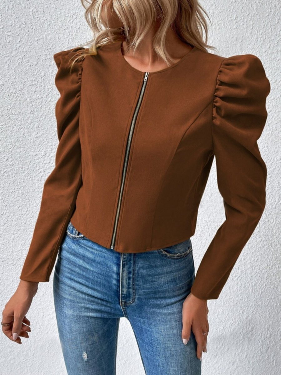 Zip Up Puff Sleeve Jacket - Outerwear