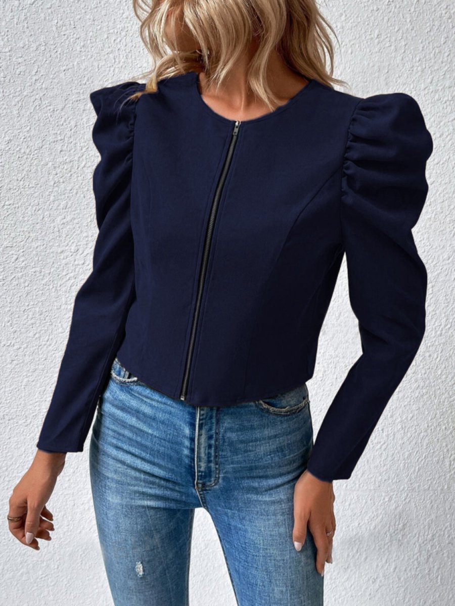 Zip Up Puff Sleeve Jacket - Outerwear