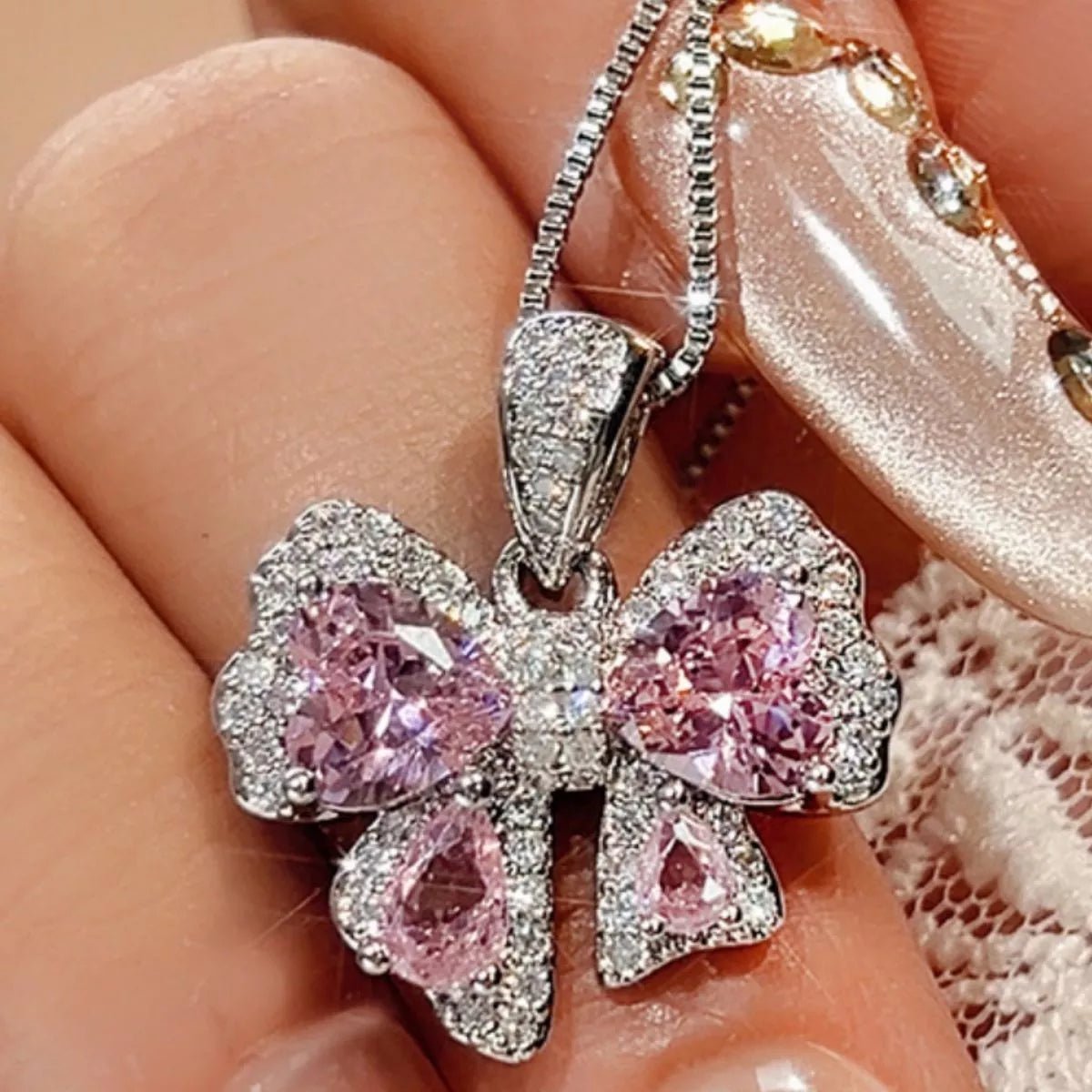 Zircon Bow Pendant Necklace - 