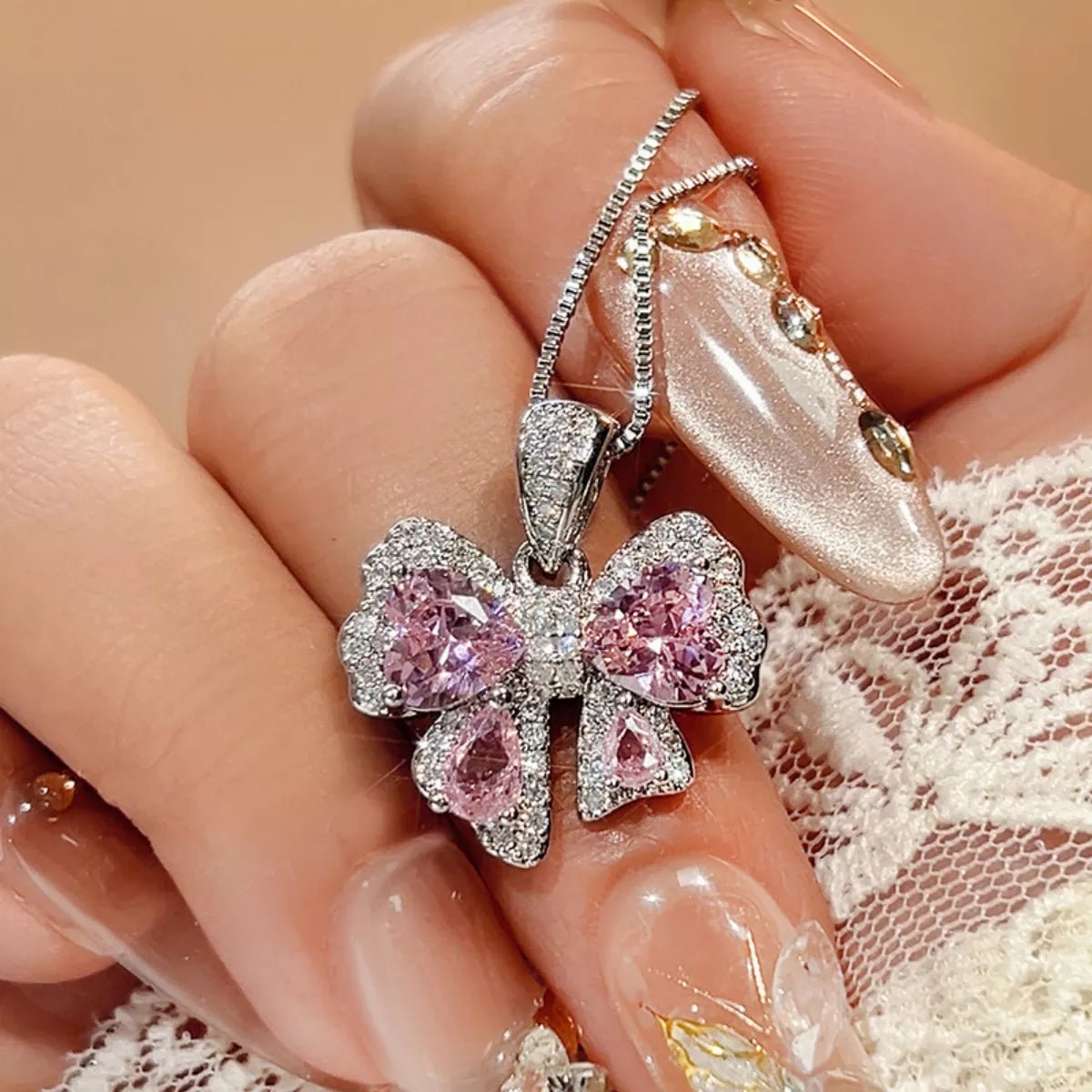 Zircon Bow Pendant Necklace - 