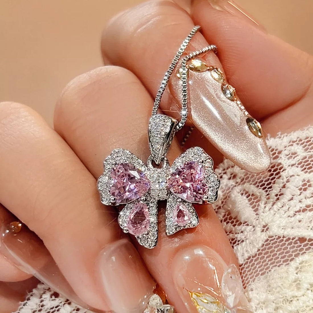 Zircon Bow Pendant Necklace - 